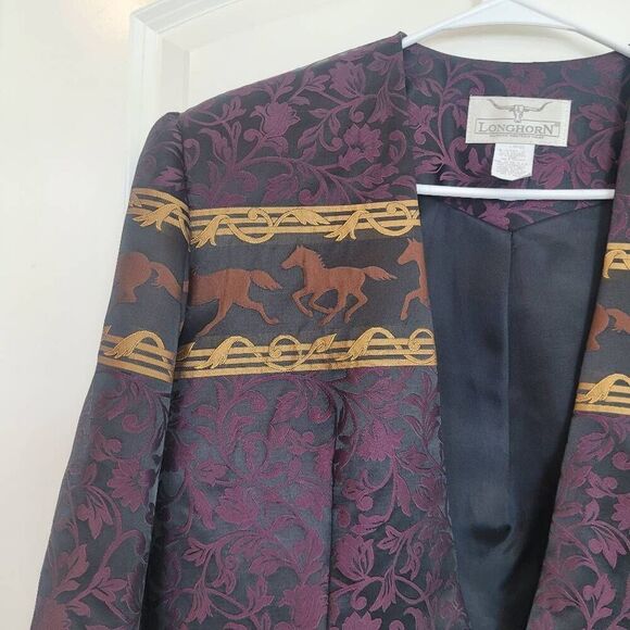 Longhorn Vintage Women's Burgundy/Black/Gold Acetate/Poly Horse Western Wear Jac - Picture 3 of 13